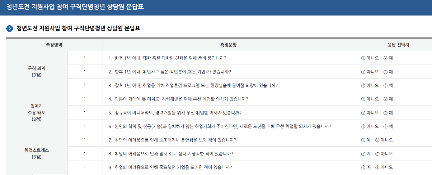 청년도전 지원사업 구직단념청년 문답표