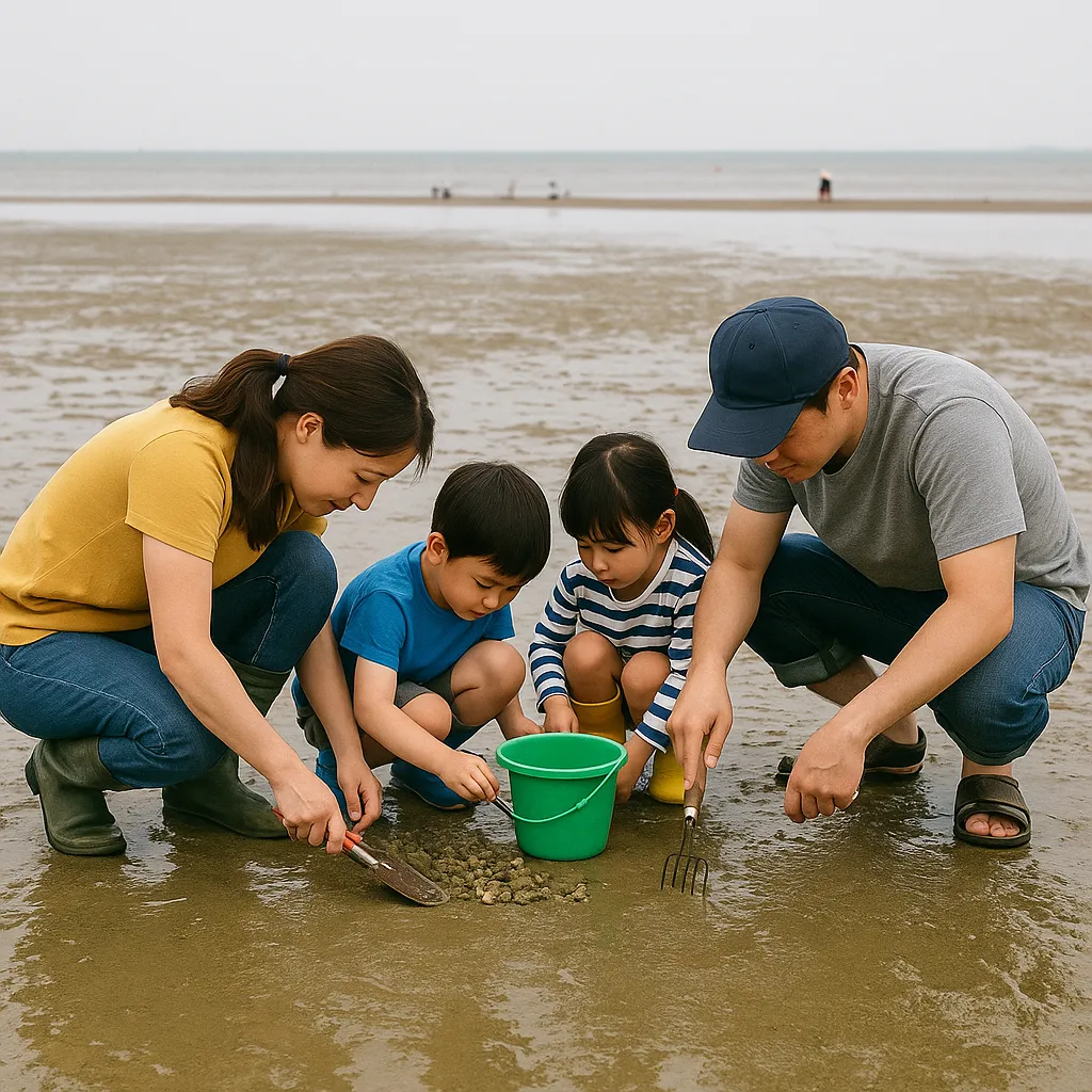 강화도 동막해수욕장에서 아이가 갯벌에서 조개를 채취하는 모습