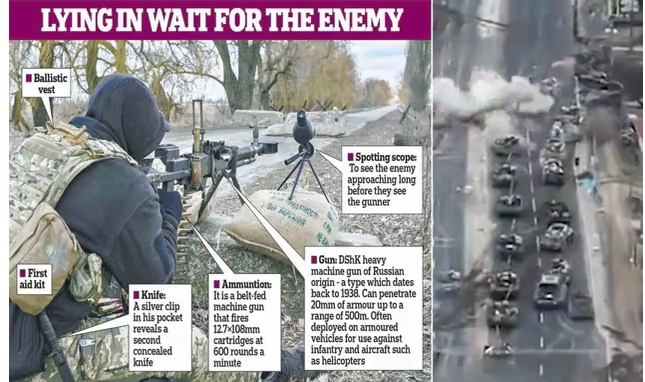 키에프 방어에 성공한 우크라이나 Russian tanks are blasted to a standstill on road to Kyiv as Ukrainians ambush convoy during defence of capital