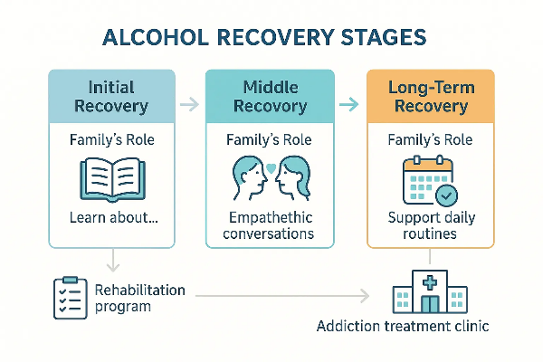 알코올 회복 단계에 따른 가족의 역할과 재활 프로그램 흐름을 시각화한 3단계 인포그래픽