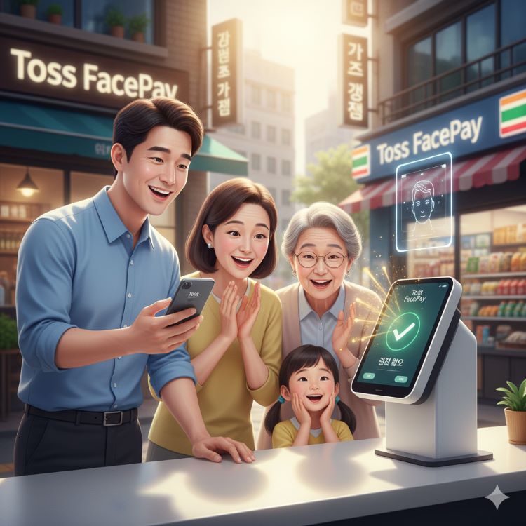 &ldquo;토스페이스페이 단말기 앞에 서 있는 직장인과 가족이 1초 안에 얼굴로 결제, 주변은 카페&middot;편의점&middot;식당 등 실제 가맹 매장 모습과 토스앱 등록 화면&rdquo;