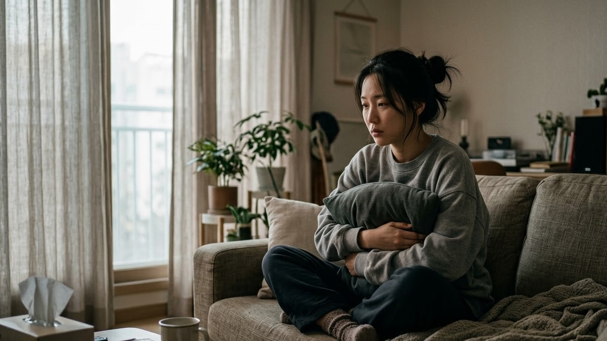 소파에 웅크려 쿠션을 아랫배에 안고 예민한 표정을 짓는 20대 후반 여성