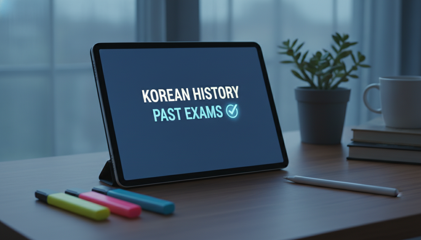 무료 기출문제로 한국사능력검정시험을 공부하는 태블릿 화면