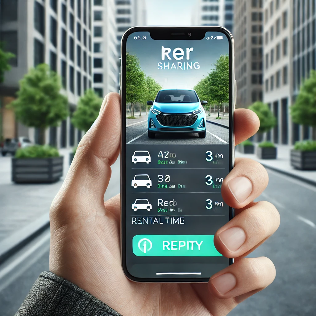 차량 공유 앱의 사용자 인터페이스가 표시된 스마트폰 화면의 클로즈업. 차량 선택, 대여 시간, 친환경 옵션이 보이며 배경은 현대적인 도시 환경