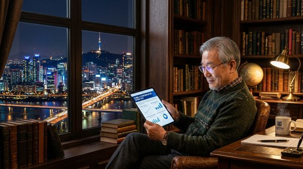 한국과 미국 금리 변화 그래프를 살피는 노년