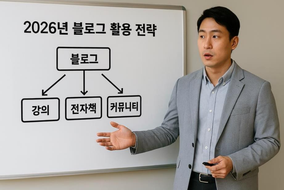 블로그 활용 전략을 설명하는 강사와 다이어그램