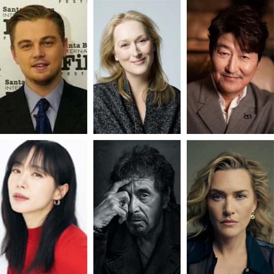 배우별 대표작 추천 관련 이미지
왼쪽 위부터 레오나르도 디카프리오, 메릴 스트립, 송강호, 전도연, 알 파치노, 케이트 윈슬렛