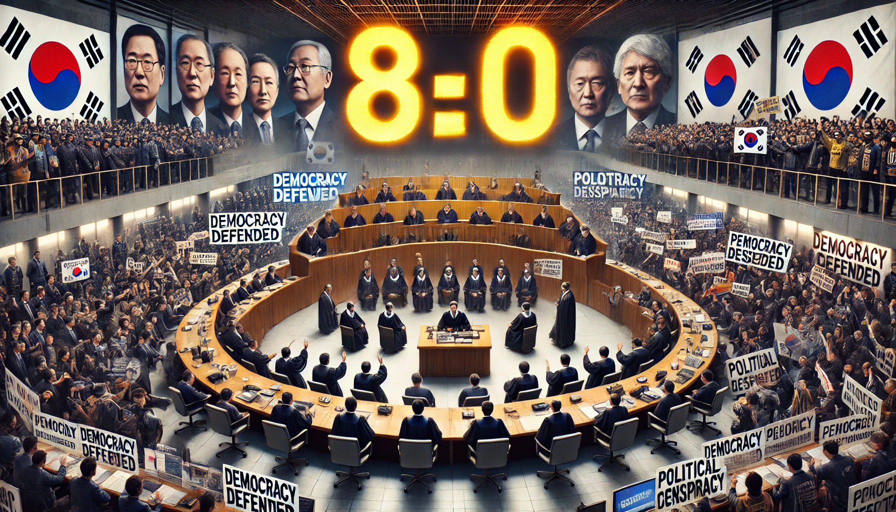 전원만장일치로 탄핵을 인용하는 장면을 나타내는 이미지