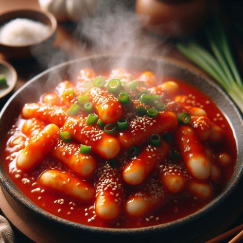 떡볶이가 접시에 담겨 있다.