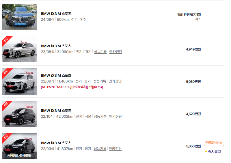BMW iX3 중고차 가격 시세표 고속 시내 연비