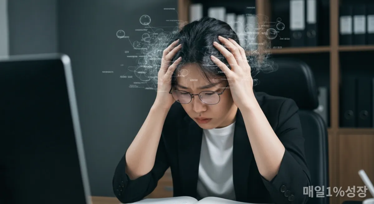 과부하된 뇌 활동을 시각적으로 표현한 한국 직장인의 모습