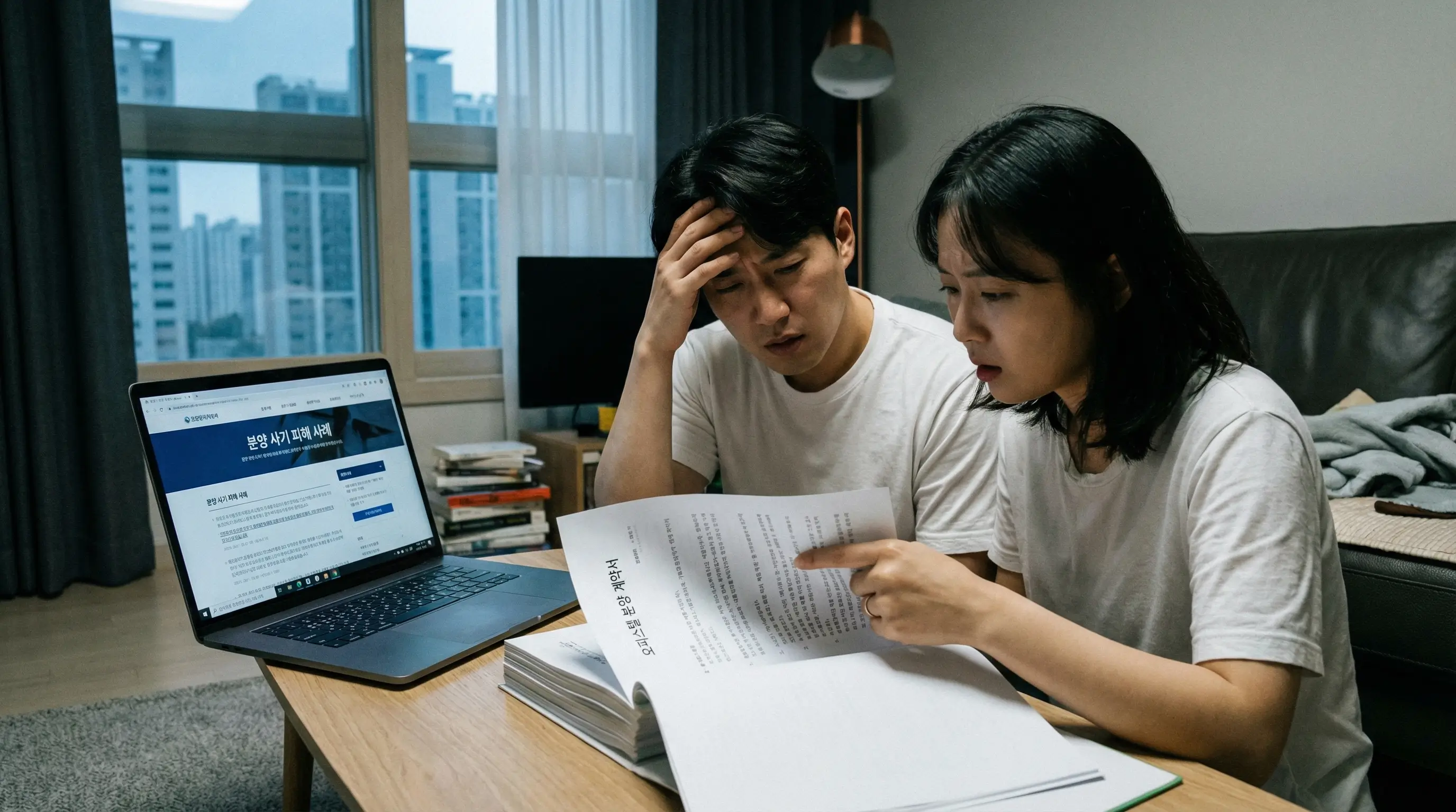 한국인 30대 부부가 거실 책상에서 오피스텔 분양 계약서를 들고 걱정스러운 표정으로 함께 검토하며 노트북으로 분양 사기 정보를 찾아보는 심각한 분위기