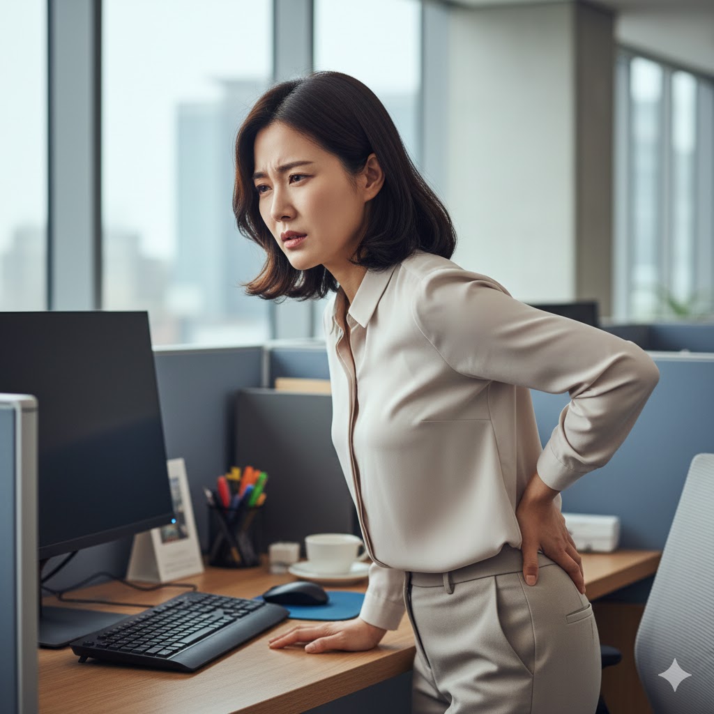 사무실에서 허리 통증으로 일어나는 직장인 여성
