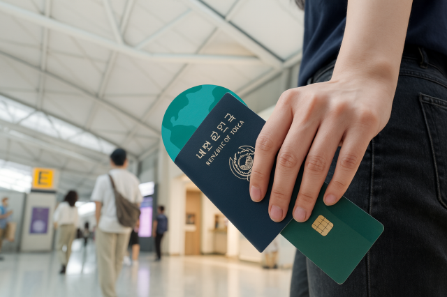 해외여행 준비 필수템 트래블카드와 여권을 들고 출국