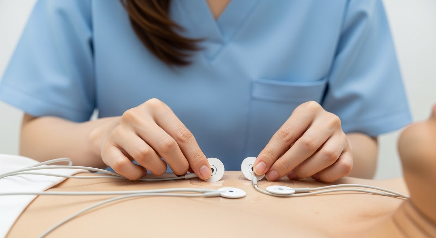 간호사가 환자의 가슴에 심전도 검사용 전극을 부착하는 모습