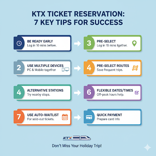KTX 예매 성공을 위한 핵심 팁 7가지 요약 인포그래픽