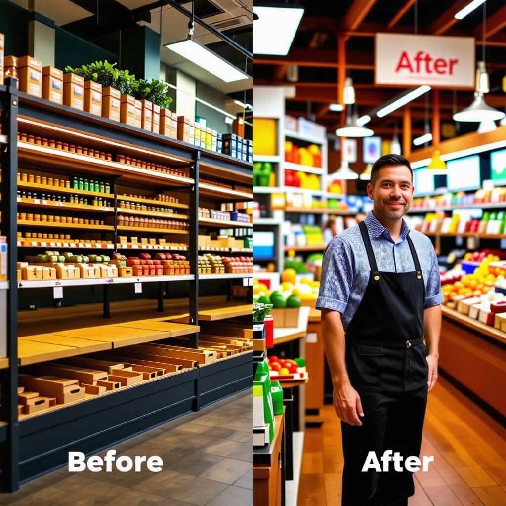 정부의 재정 지원을 받은 소상공인 자영업자의 성공 사례를 보여주는 이미지. 전후 비교를 통해 효과를 강조.