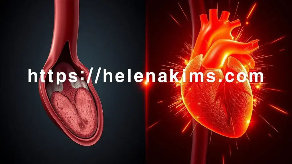 왼쪽에는 서서히 좁아지는 혈관과 오래된 플라크가 형성된 심장 관상동맥의 단면을 차분하고 어두운 톤으로 시각화하여 '심근경색'의 포괄적이고 점진적인 특성을 나타낸다. 오른쪽에는 갑자기 거대한 혈전이 혈관을 완전히 막아, 주변 심장 조직이 붉고 위험하게 변하는 이미지.