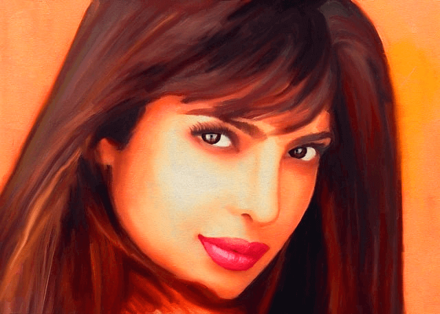 아름다운 긴 갈색머리 인도 여배우가 정면을 본다. 매혹적인 눈빛이다.