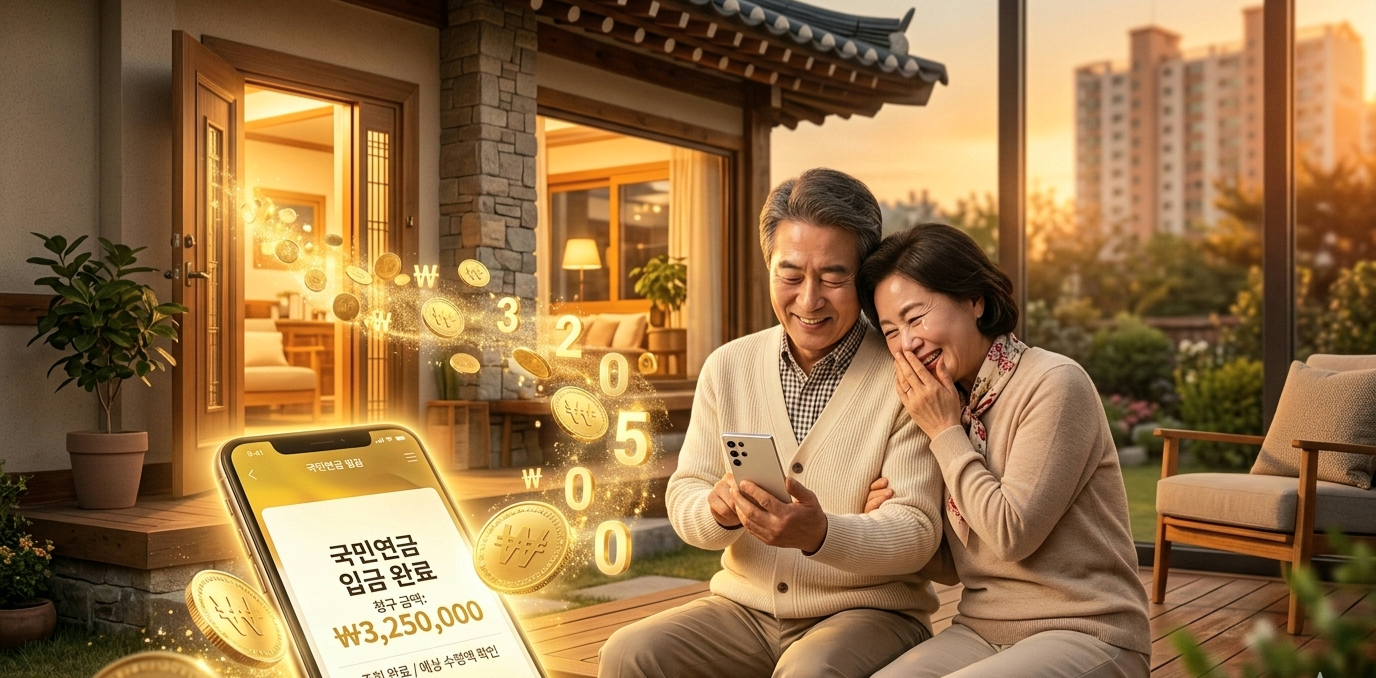 은퇴한 노부부가 예쁜 집 앞에서 스마트폰으로 주택연금 입금 알림을 확인하며 황금 동전이 쏟아져 나오는 모습에 안도하고 기뻐하는 모습