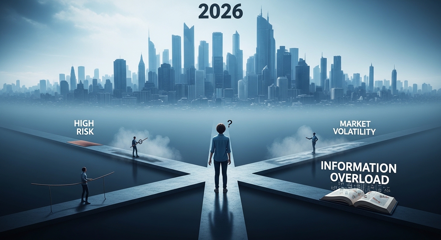 2026년 재테크 시장의 복잡성과 투자 함정을 나타내는 이미지. 초보 투자자가 위험, 시장 변동성, 정보 과부하가 적힌 갈림길에 서서 혼란스러워하는 모습.