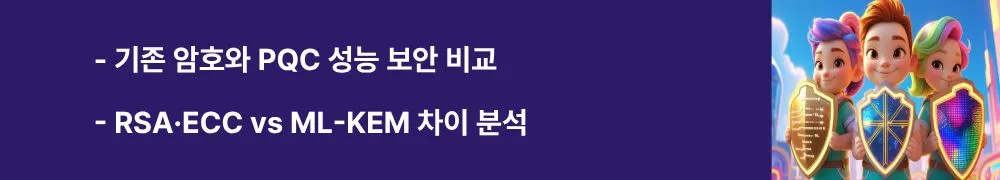 기존 암호와 PQC 성능 보안 비교 / RSA&middot;ECC vs ML-KEM 차이 분석&rsquo;라는 문구가 포함된 웹배너 이미지. 이 이미지는 기존 암호와 포스트 양자암호의 성능과 보안 차이를 시각적으로 전달하며, 블로그의 PQC 비교 분석 주제와 관련된 내용을 설명함 (PQC vs Traditional Crypto, RSA vs ML-KEM).