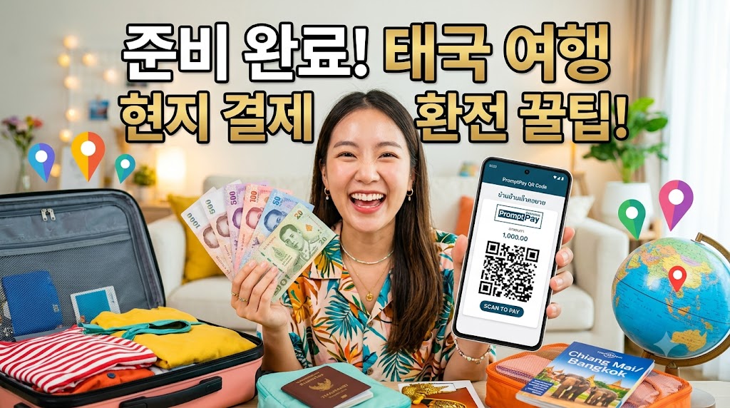 태국 바트화 지폐와 동전, 그리고 태국 여행을 준비하는 모습