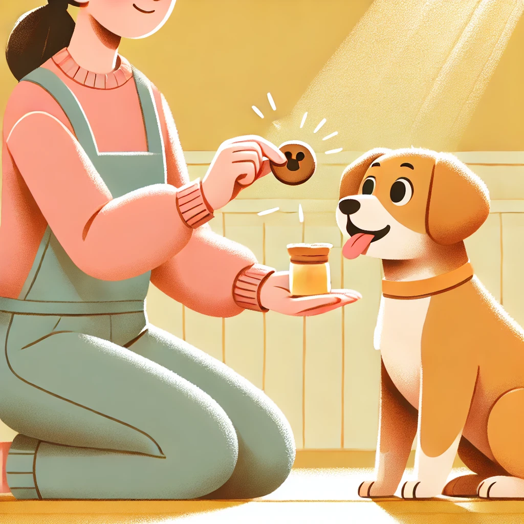 강아지가 주인에게 간식을 받으며 긍정적인 훈련을 받고 있는 모습