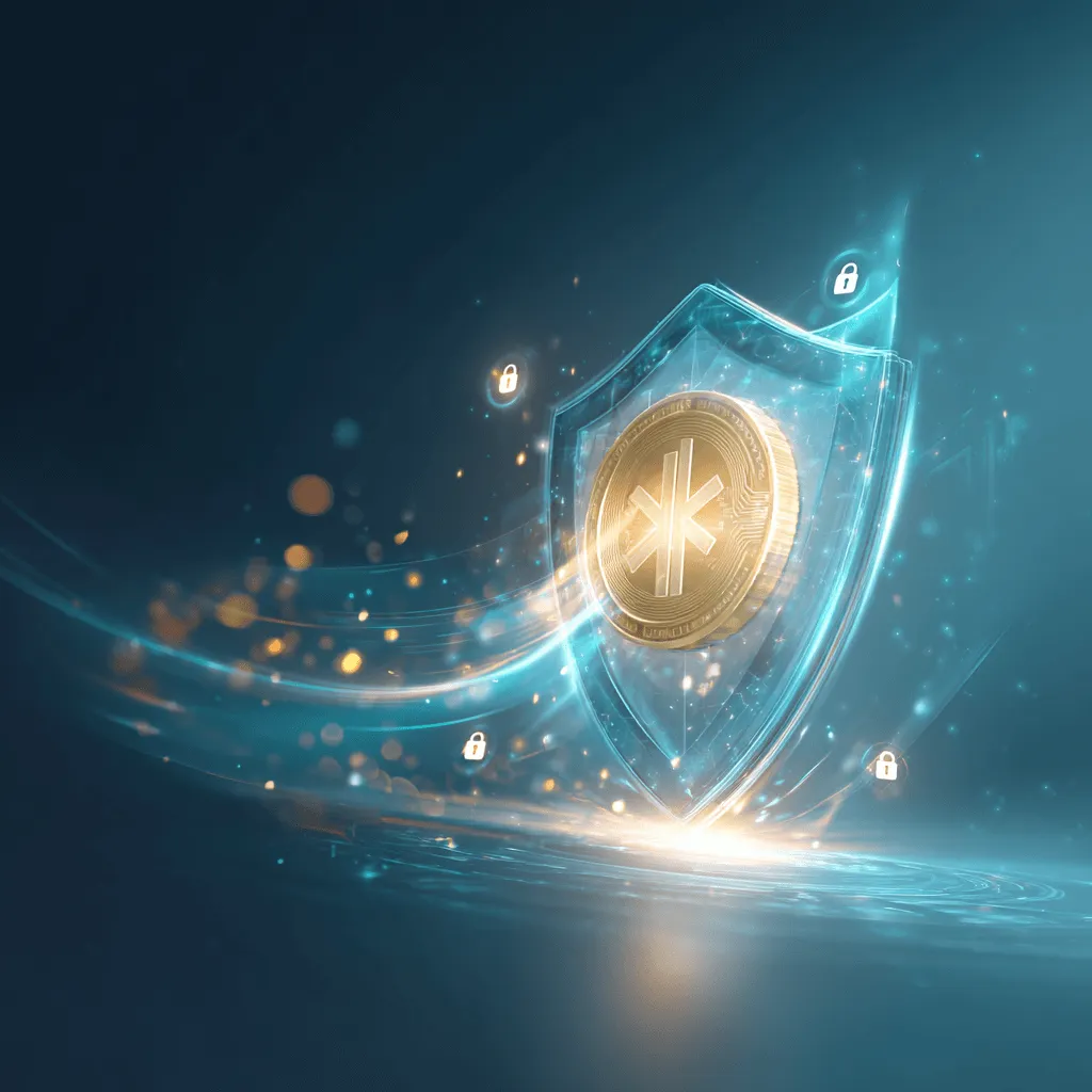 원화스테이블코인: 투명한 디지털 방패가 황금색 원화 코인을 보호하고 있으며&amp;#44; 방패 주변에 체크마크와 자물쇠 모양의 홀로그램 아이콘들이 떠있는 모습. 오른쪽으로 밝게 빛나는 화살표가 뻗어나가 미래 성장을 상징함. 진한 블루에서 밝은 블루로 이어지는 그라데이션 배경으로 원화 스테이블 코인의 보안성&amp;#44; 소비자 보호 및 미래 성장 가능성을 동시에 전달 (Security&amp;#44; Risk Management&amp;#44; Future Growth&amp;#44; Digital Currency Safety).