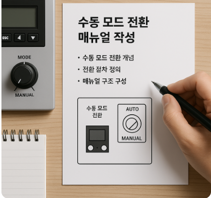 제어 패널 옆 책상 위에 &lsquo;수동 모드 전환 매뉴얼 작성&rsquo; 문서와 펜을 든 손이 함께 놓인 장면