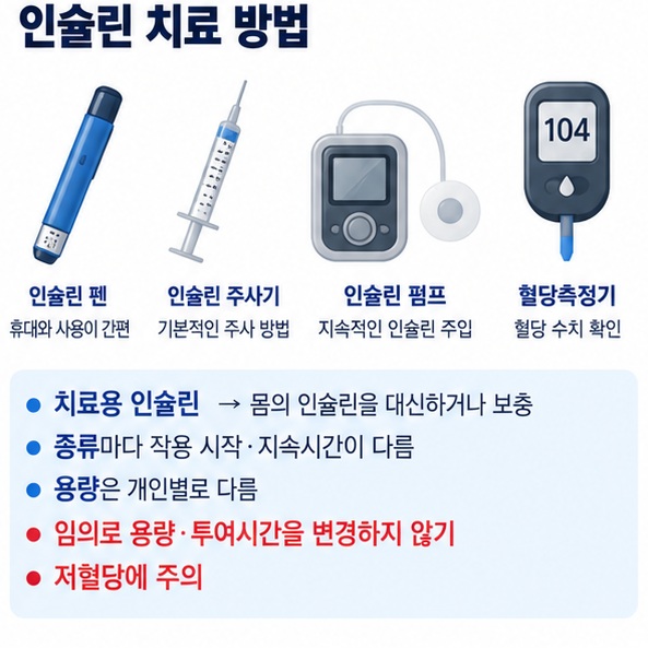 당뇨병 치료에서 인슐린 펜 주사기 펌프와 혈당 확인이 필요한 이유를 보여주는 이미지