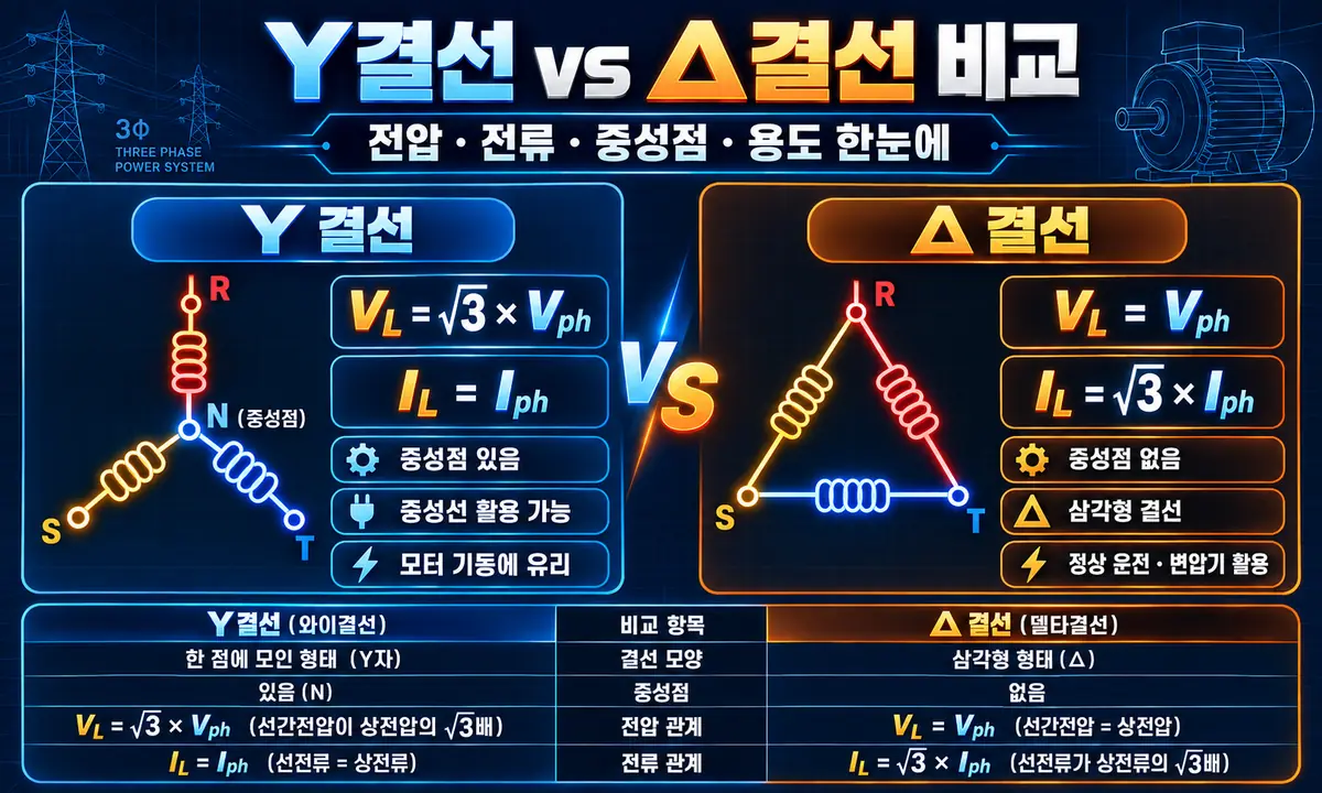 Y결선과 델타결선의 전압 전류 중성점 차이 비교