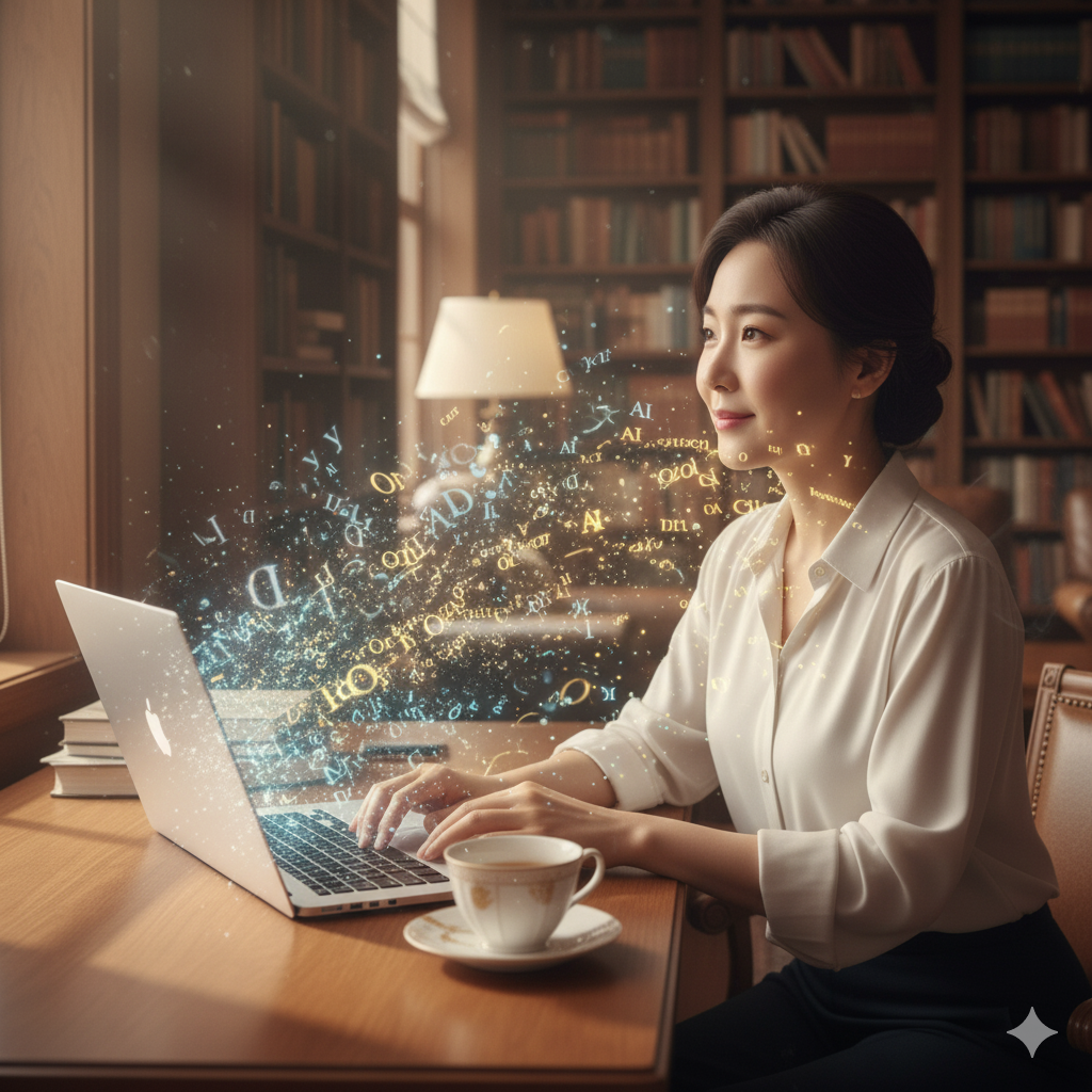 AI와 함께 글을 쓰며 아이디어를 구체화하는 여성 작가