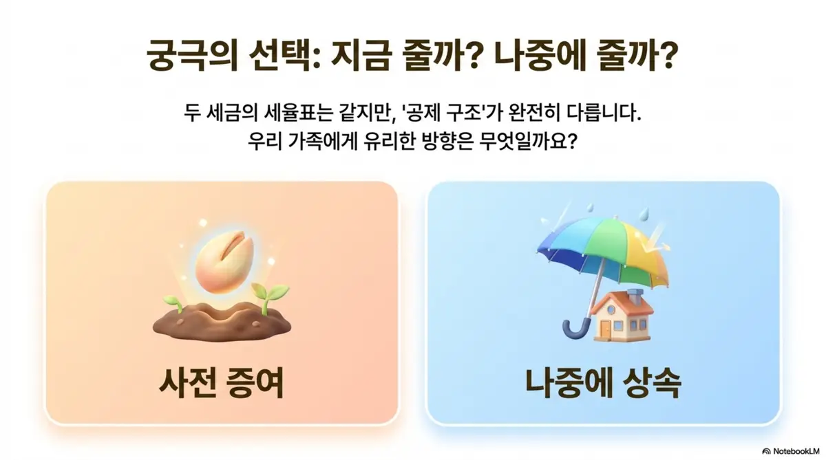 증여세 절세방법: 씨앗이 자라는 사전 증여 일러스트와 우산 아래 집이 있는 나중에 상속 일러스트를 나란히 배치하여 두 세금의 세율표는 같지만 공제 구조가 완전히 다르다는 점을 보여주는 인포그래픽 이미지. 이 이미지는 증여 상속 비교의 핵심 판단 기준을 시각적으로 전달하며 블로그의 증여 상속 비교와 관련된 내용을 설명함