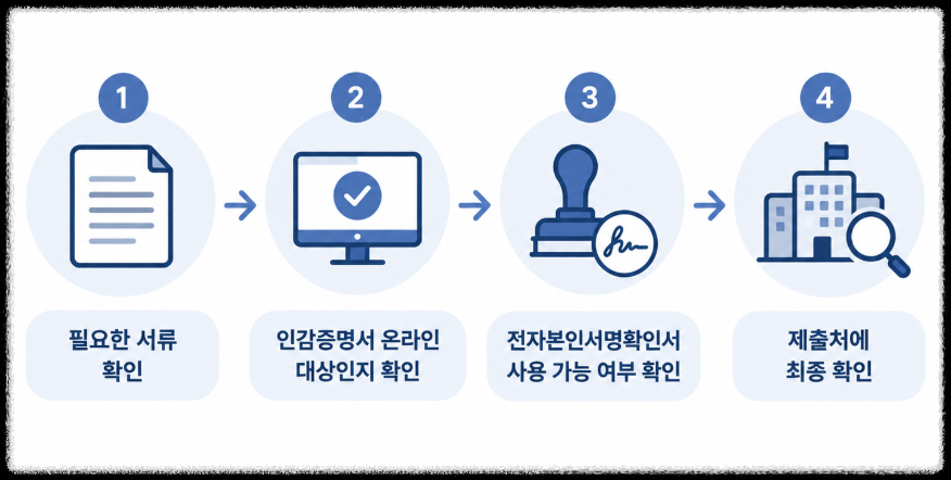 필요한 서류 확인부터 제출처 확인까지 이어지는 4단계 흐름을 나타낸 아이콘 다이어그램