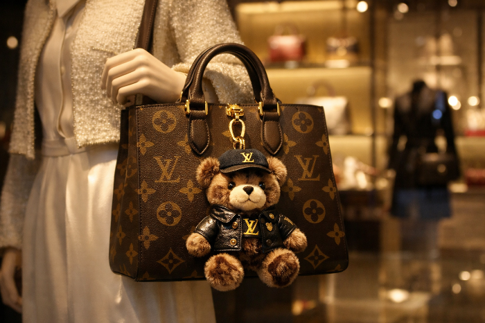 명품 브랜드의 엔트리 상품으로 자리 잡은 럭셔리 로고 인형 키링 디스플레이.