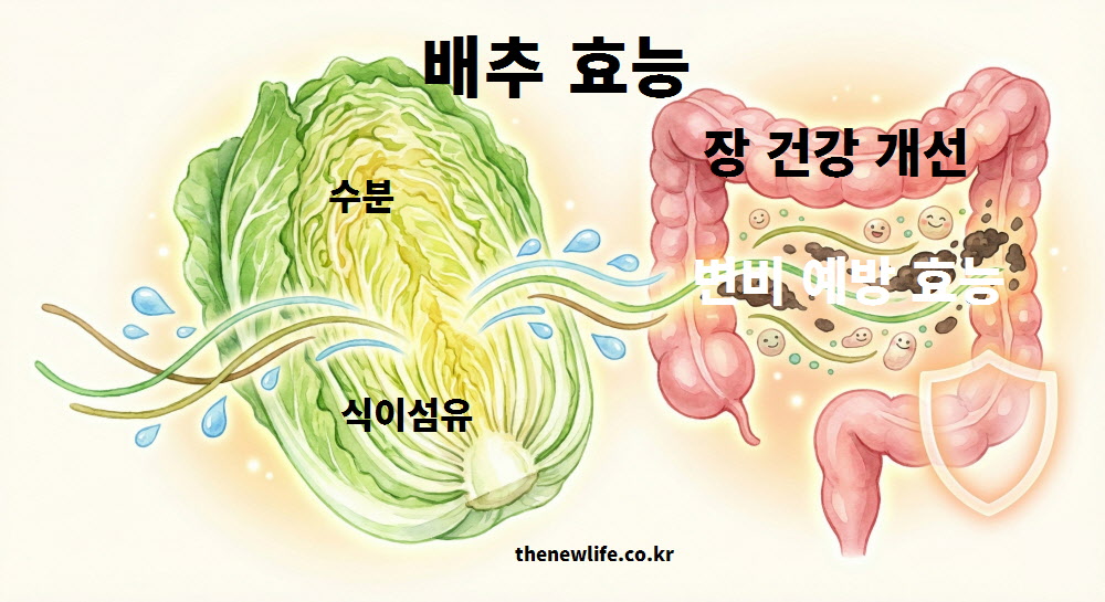 배추의 풍부한 수분과 식이섬유가 장으로 전달되어 장 건강을 개선하고 변비를 예방하는 배추 효능을 설명한 일러스트 이미지