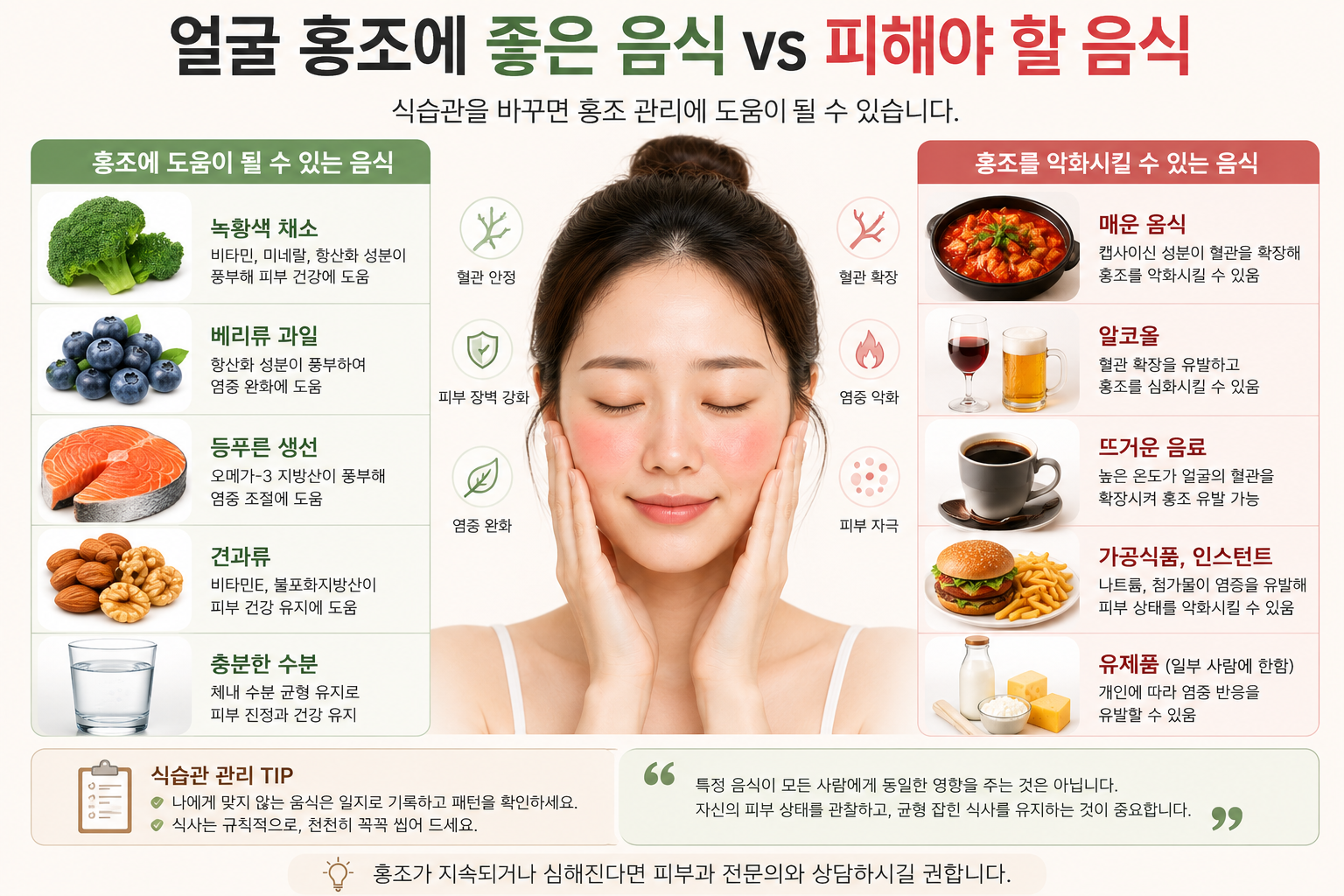 얼굴 홍조 피부에 좋은 음식과 피해야 할 음식, 식습관 관리법