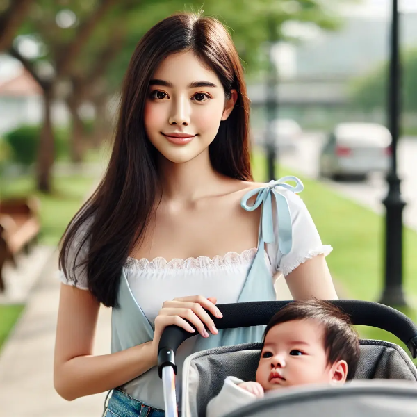 아기와 함께 유모차를 끌며 산책하는 동양인 청소년 엄마의 모습