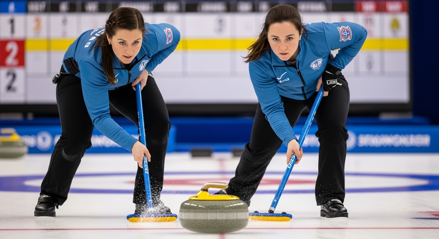 컬링 스톤 앞에서 두 선수가 브룸을 이용해 얼음을 힘차게 스위핑하며 스톤의 경로를 조절하는 역동적인 모습.