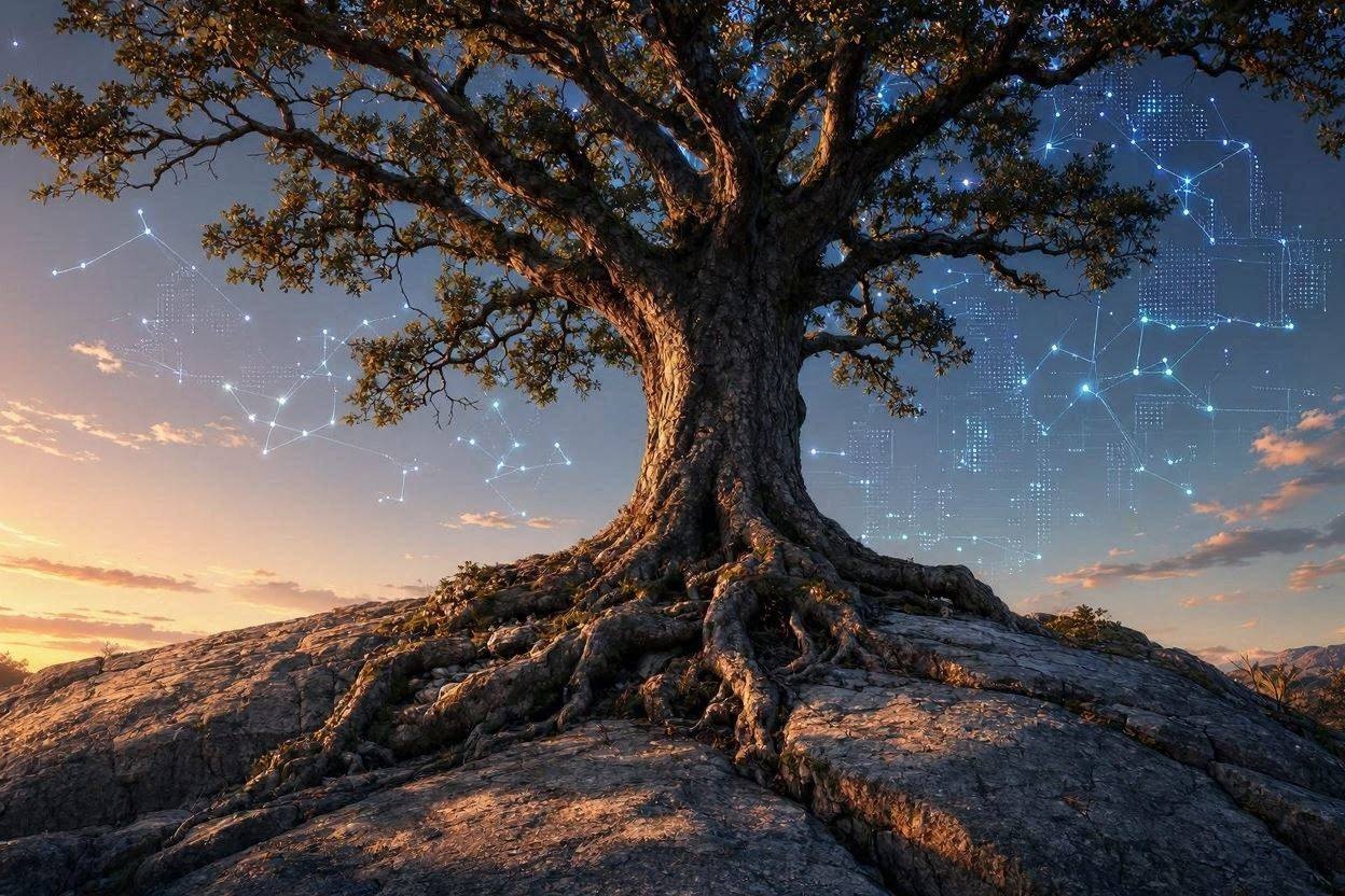 A massive tree with deep roots growing through stone, reaching towards digital constellations.