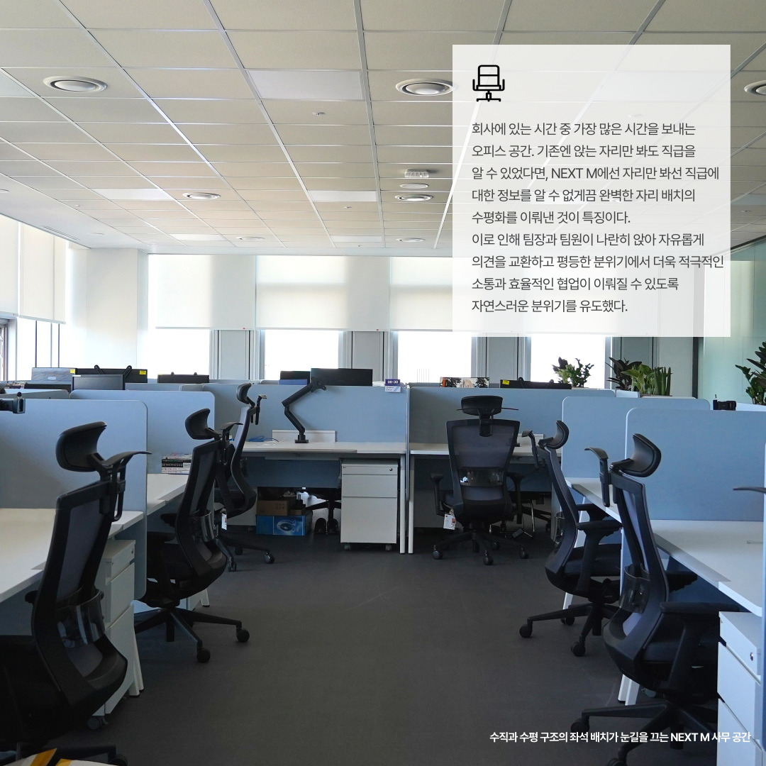 수직과 수평 구조의 배치가 눈길을 끄는 NEXT M 사무 공간

회사에 있는 시간 중 가장 많은 시간을 보내는 오피스 공간. 기존엔 앉는 자리만 봐도 직급을 알 수 있었다면, NEXT M에선 자리만 봐선 직급에 대한 정보를 알 수 없게끔 완벽한 자리 배치의 수평화를 이뤄낸 것이 특징이다. 이로 인해 팀장과 팀원이 나란히 앉아 자유롭게 의견을 교환하고 평등한 분위기에서 더욱 적극적인 소통과 효율적인 협업이 이뤄질 수 있도록 자연스러운 분위기를 유도했다.