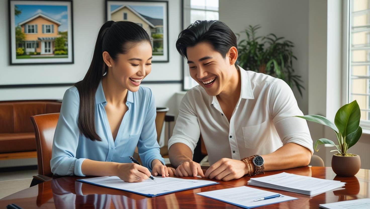 신혼부부가 밝은 분위기 속에서 전세계약 관련 서류를 검토하고 있는 장면