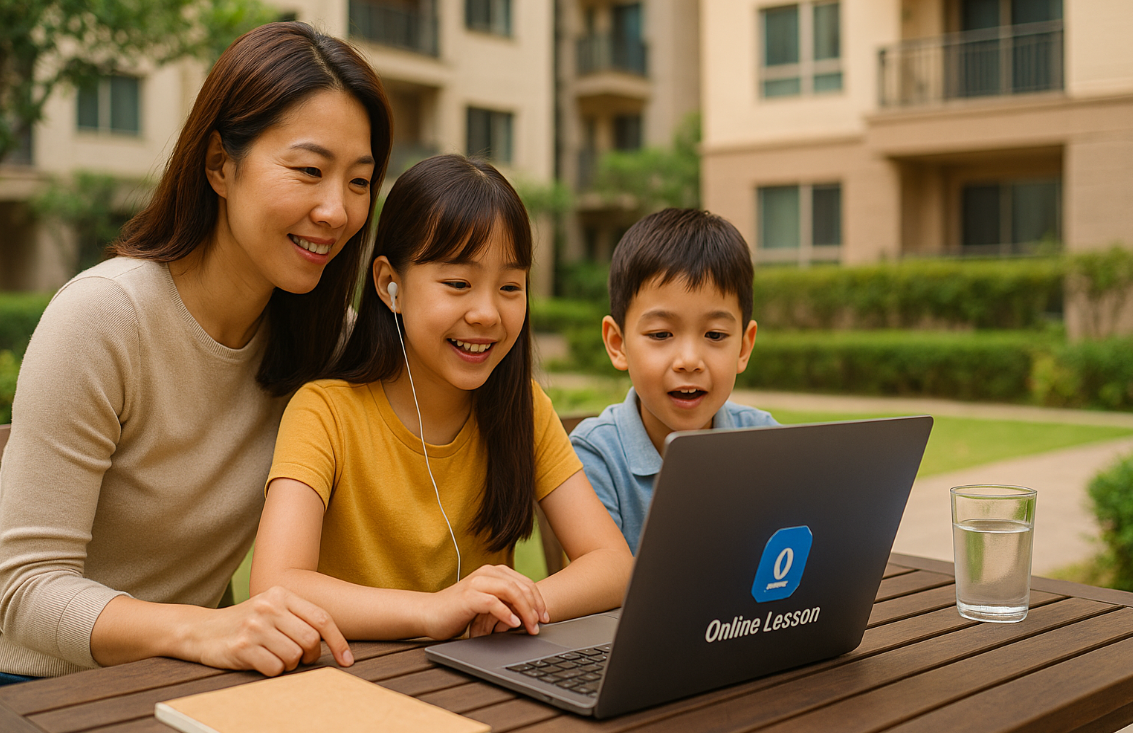 아파트 구내 야외 벤치에서 온라인 강의를 듣는 아이들과 어머니의 모습