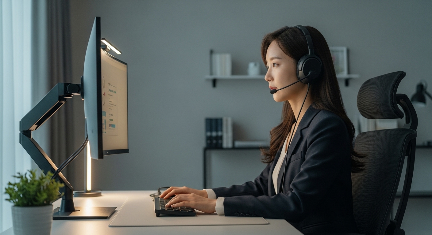 노이즈 캔슬링 헤드셋을 착용하고 고성능 모니터에서 집중하여 작업하는 재택근무 한국 여성