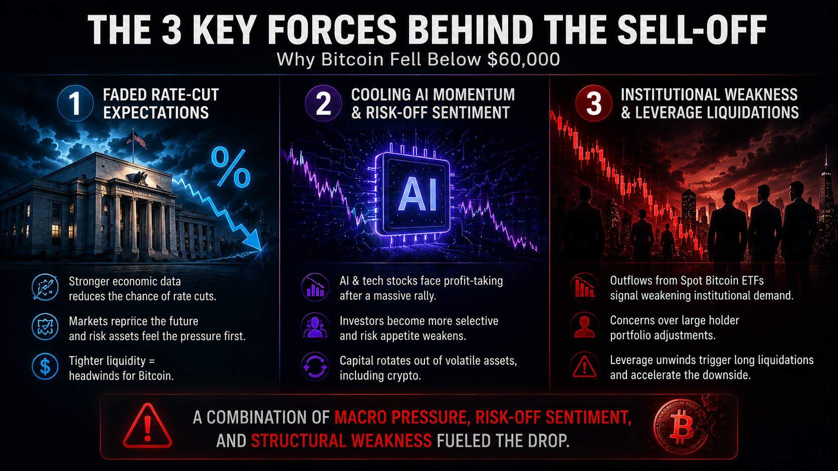 Infographic showing the three key drivers behind Bitcoin's selloff, including monetary policy concerns, AI market slowdown, and institutional weakness.