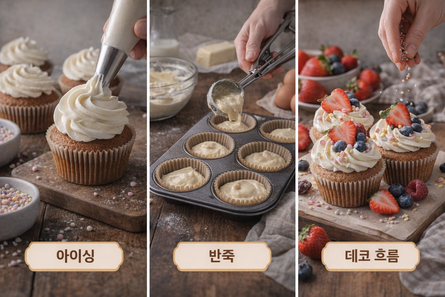 컵케이크 아이싱 반죽 데코 흐름 구조