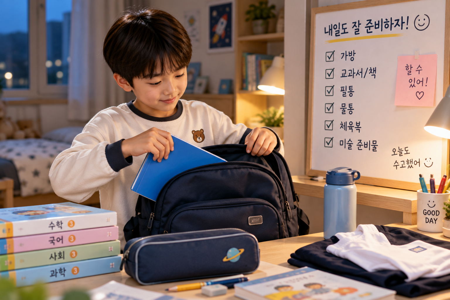 따뜻한 밤, 새 학기 가방 준비