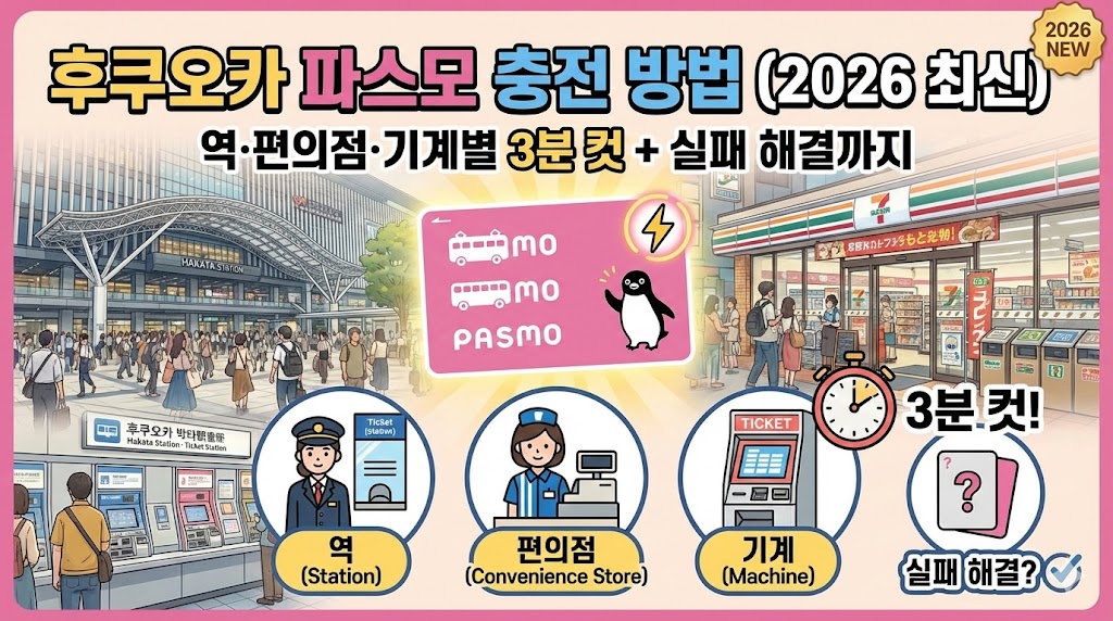 후쿠오카 파스모 충전 방법 (2026 최신)|역·편의점·기계별 3분 컷 + 실패 해결까지