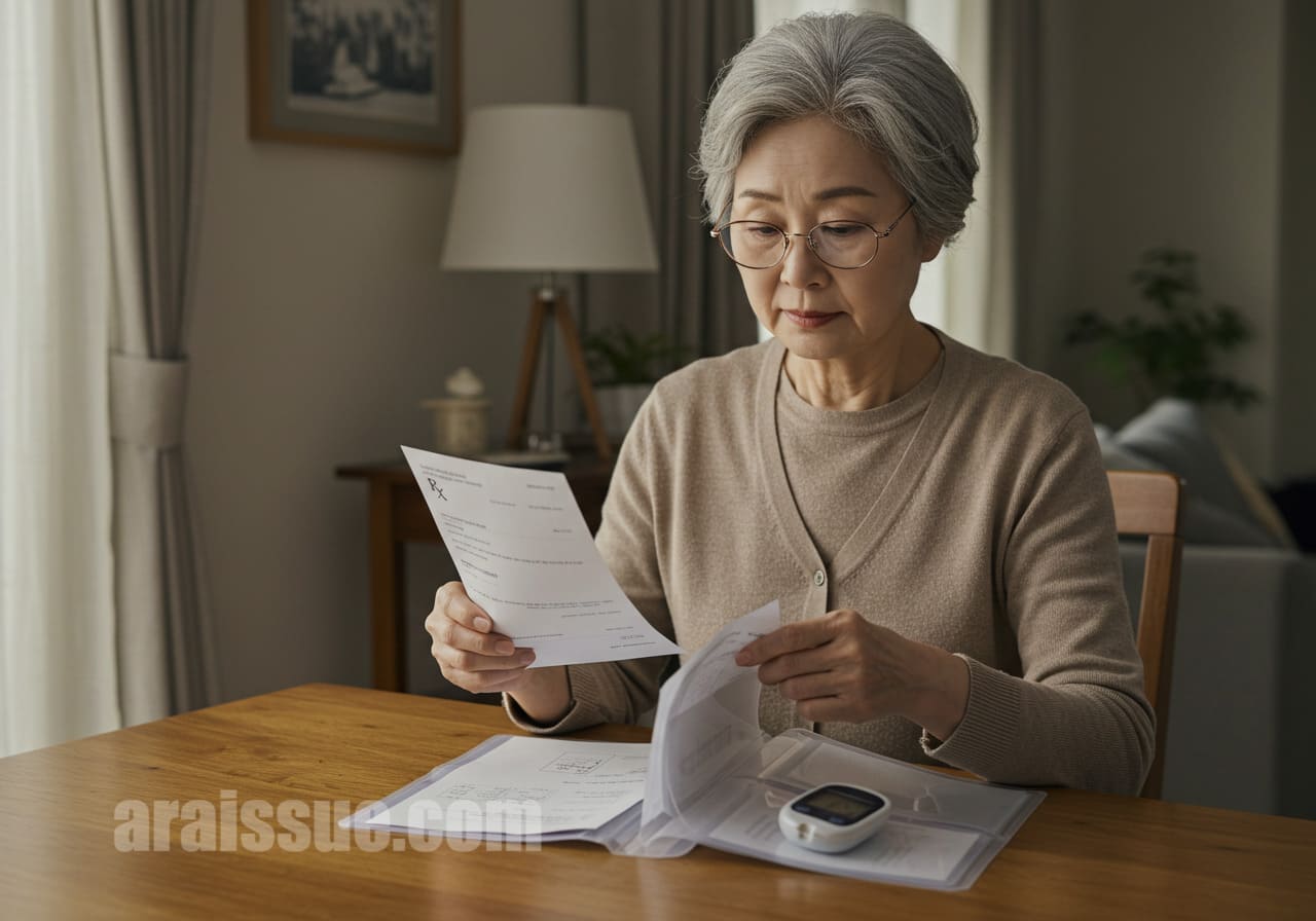 혈당기와 처방전 서류를 정리하는 60대 여성